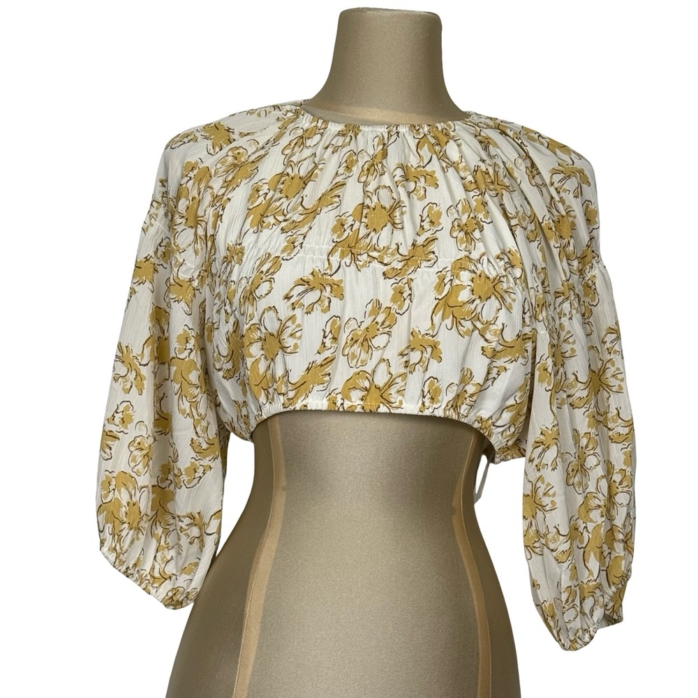 Sabo Lenna White Mustard Floral Crinkle Boho Romantic Festival Crop Top XS
